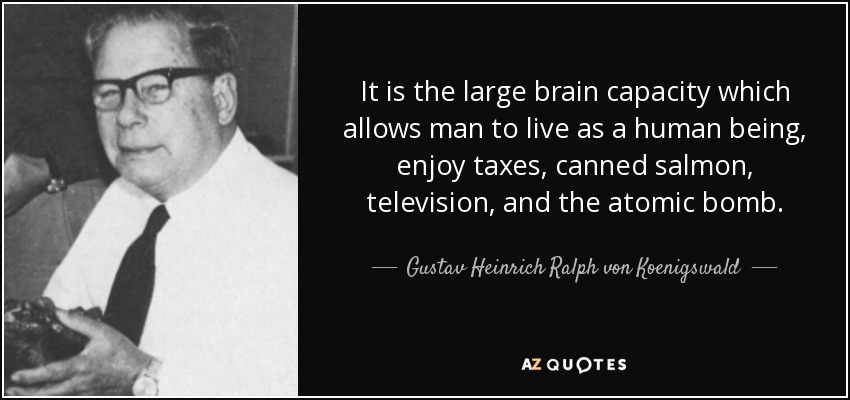 It is the large brain capacity which allows man to live as a human being, enjoy taxes, canned salmon, television, and the atomic bomb. - Gustav Heinrich Ralph von Koenigswald