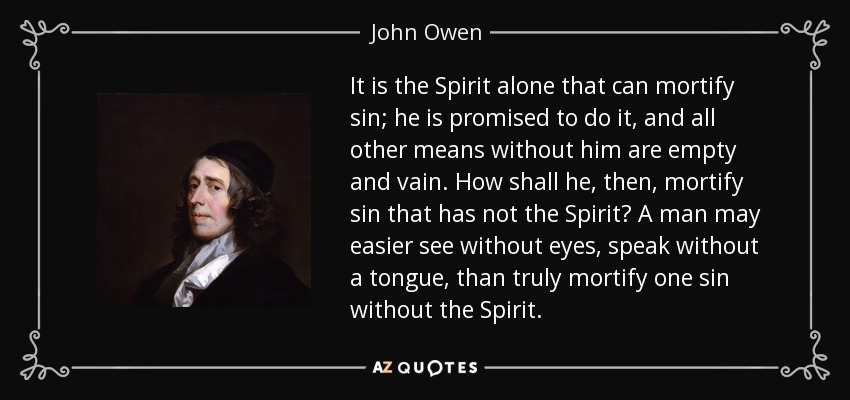 It is the Spirit alone that can mortify sin; he is promised to do it, and all other means without him are empty and vain. How shall he, then, mortify sin that has not the Spirit? A man may easier see without eyes, speak without a tongue, than truly mortify one sin without the Spirit. - John Owen