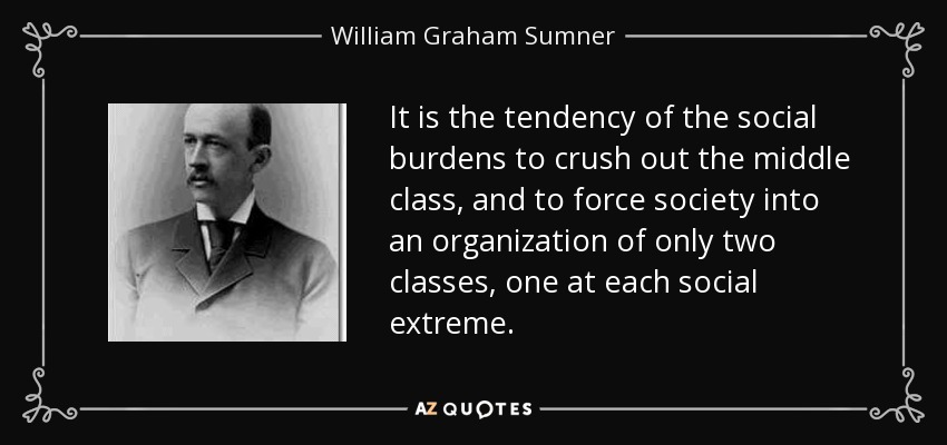 It is the tendency of the social burdens to crush out the middle class, and to force society into an organization of only two classes, one at each social extreme. - William Graham Sumner