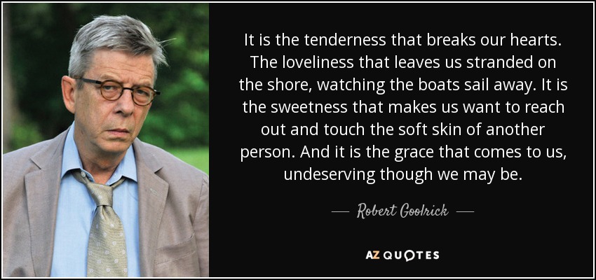 It is the tenderness that breaks our hearts. The loveliness that leaves us stranded on the shore, watching the boats sail away. It is the sweetness that makes us want to reach out and touch the soft skin of another person. And it is the grace that comes to us, undeserving though we may be. - Robert Goolrick
