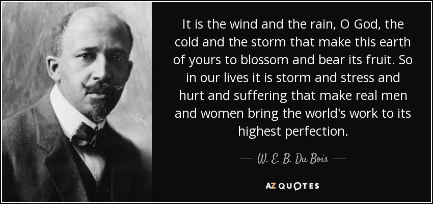 It is the wind and the rain, O God, the cold and the storm that make this earth of yours to blossom and bear its fruit. So in our lives it is storm and stress and hurt and suffering that make real men and women bring the world's work to its highest perfection. - W. E. B. Du Bois