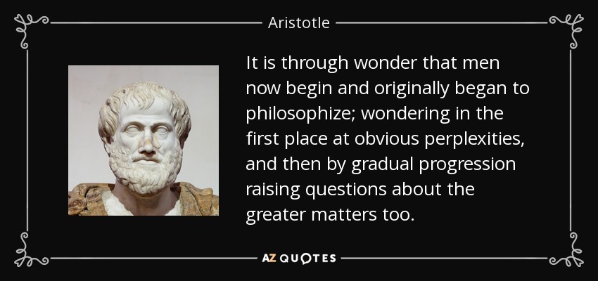 It is through wonder that men now begin and originally began to philosophize; wondering in the first place at obvious perplexities, and then by gradual progression raising questions about the greater matters too. - Aristotle