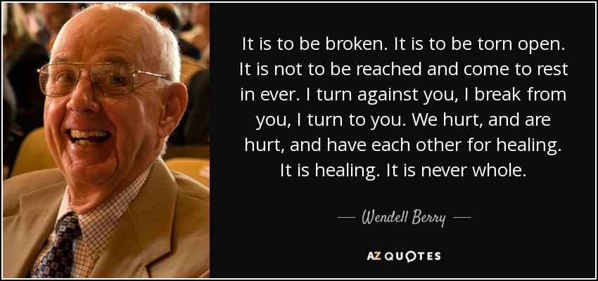 It is to be broken. It is to be torn open. It is not to be reached and come to rest in ever. I turn against you, I break from you, I turn to you. We hurt, and are hurt, and have each other for healing. It is healing. It is never whole. - Wendell Berry