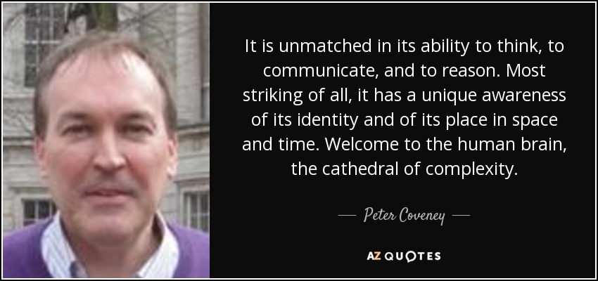 It is unmatched in its ability to think, to communicate, and to reason. Most striking of all, it has a unique awareness of its identity and of its place in space and time. Welcome to the human brain, the cathedral of complexity. - Peter Coveney