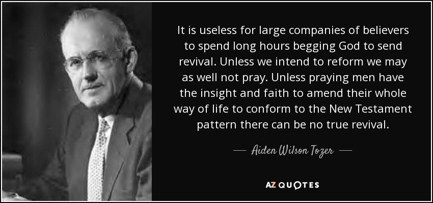 It is useless for large companies of believers to spend long hours begging God to send revival. Unless we intend to reform we may as well not pray. Unless praying men have the insight and faith to amend their whole way of life to conform to the New Testament pattern there can be no true revival. - Aiden Wilson Tozer
