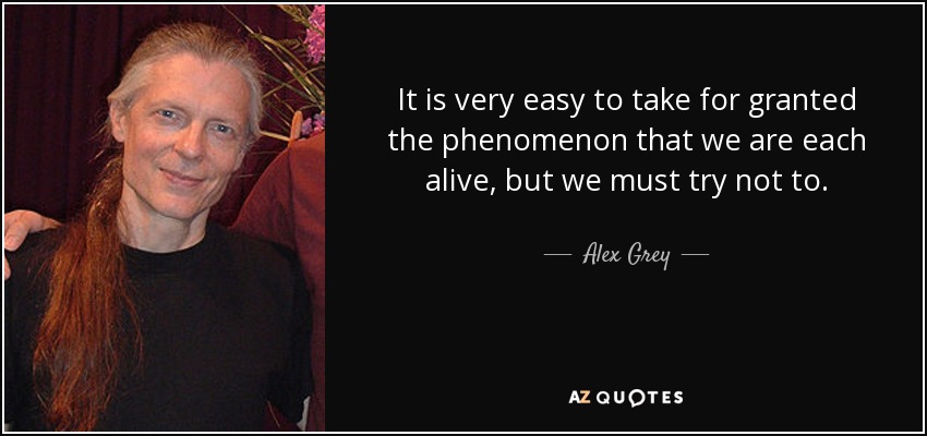 It is very easy to take for granted the phenomenon that we are each alive, but we must try not to. - Alex Grey