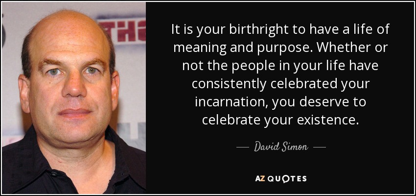 It is your birthright to have a life of meaning and purpose. Whether or not the people in your life have consistently celebrated your incarnation, you deserve to celebrate your existence. - David Simon