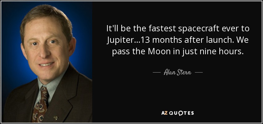 It'll be the fastest spacecraft ever to Jupiter...13 months after launch. We pass the Moon in just nine hours. - Alan Stern