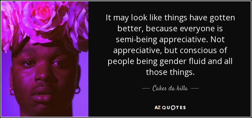 It may look like things have gotten better, because everyone is semi-being appreciative. Not appreciative, but conscious of people being gender fluid and all those things. - Cakes da killa