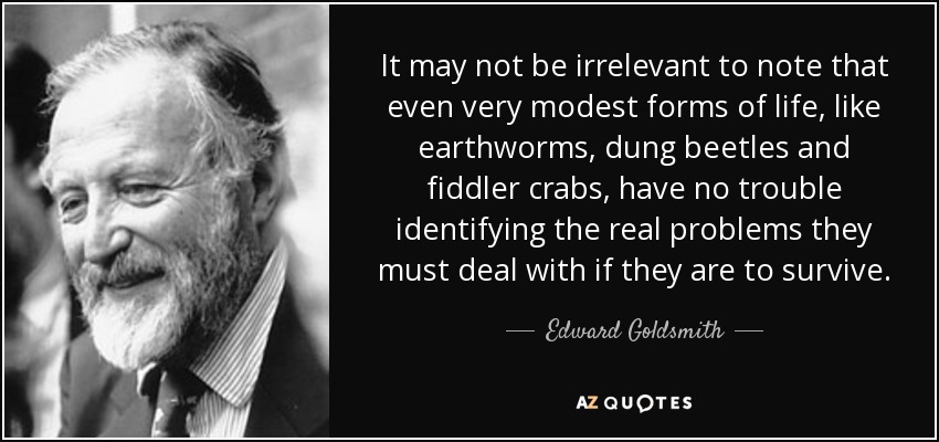 It may not be irrelevant to note that even very modest forms of life, like earthworms, dung beetles and fiddler crabs, have no trouble identifying the real problems they must deal with if they are to survive. - Edward Goldsmith