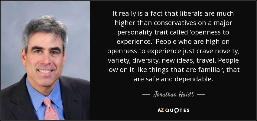 It really is a fact that liberals are much higher than conservatives on a major personality trait called 'openness to experience.' People who are high on openness to experience just crave novelty, variety, diversity, new ideas, travel. People low on it like things that are familiar, that are safe and dependable. - Jonathan Haidt