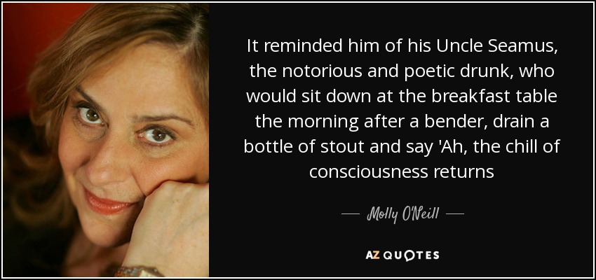 It reminded him of his Uncle Seamus, the notorious and poetic drunk, who would sit down at the breakfast table the morning after a bender, drain a bottle of stout and say 'Ah, the chill of consciousness returns - Molly O'Neill