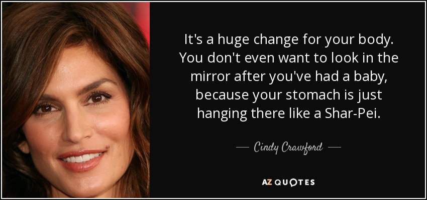 It's a huge change for your body. You don't even want to look in the mirror after you've had a baby, because your stomach is just hanging there like a Shar-Pei. - Cindy Crawford