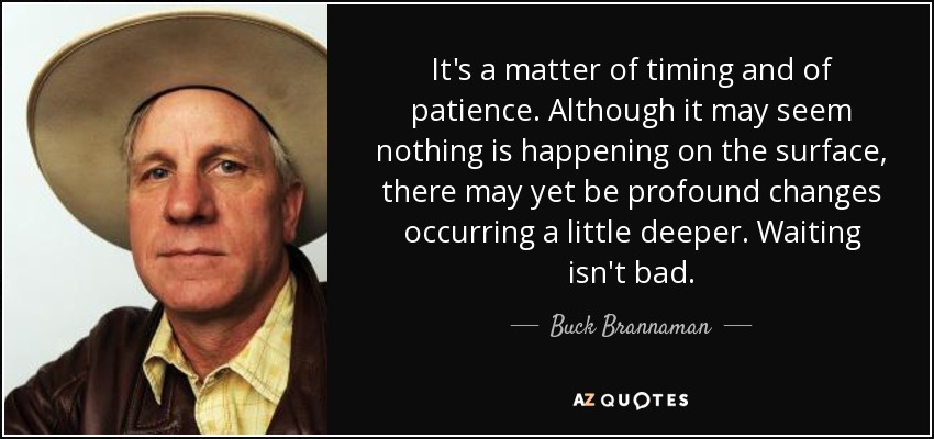 It's a matter of timing and of patience. Although it may seem nothing is happening on the surface, there may yet be profound changes occurring a little deeper. Waiting isn't bad. - Buck Brannaman