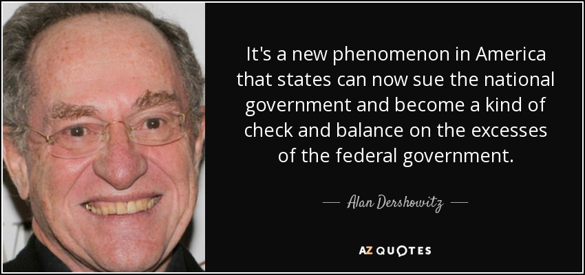 It's a new phenomenon in America that states can now sue the national government and become a kind of check and balance on the excesses of the federal government. - Alan Dershowitz