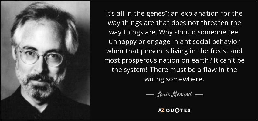 It’s all in the genes”: an explanation for the way things are that does not threaten the way things are. Why should someone feel unhappy or engage in antisocial behavior when that person is living in the freest and most prosperous nation on earth? It can’t be the system! There must be a flaw in the wiring somewhere. - Louis Menand