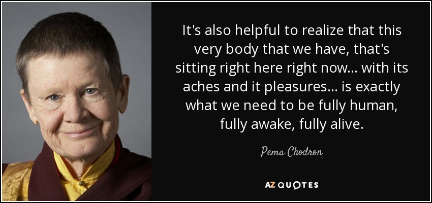 It's also helpful to realize that this very body that we have, that's sitting right here right now... with its aches and it pleasures... is exactly what we need to be fully human, fully awake, fully alive. - Pema Chodron