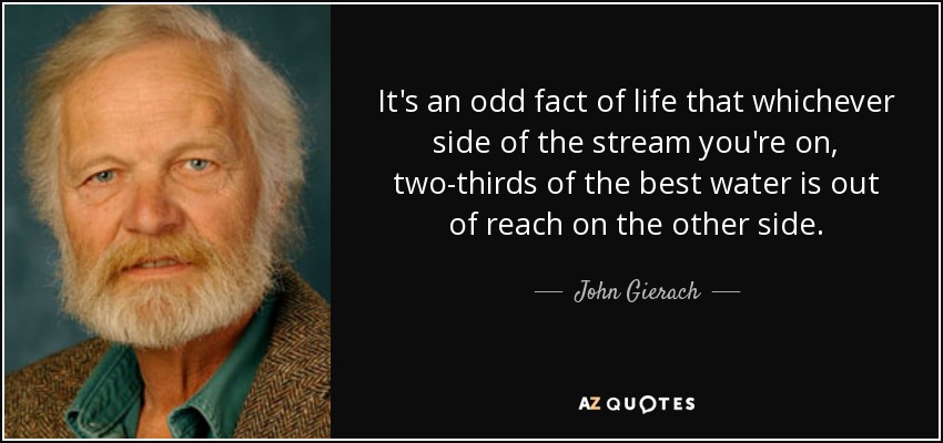 It's an odd fact of life that whichever side of the stream you're on, two-thirds of the best water is out of reach on the other side. - John Gierach