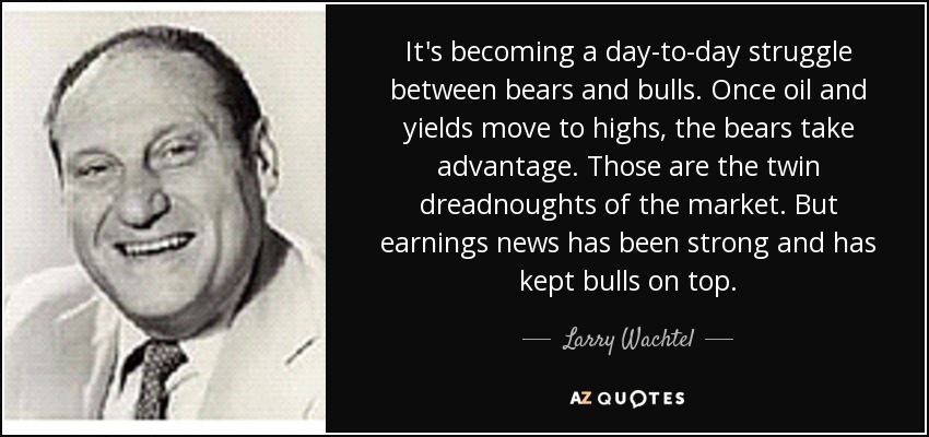 It's becoming a day-to-day struggle between bears and bulls. Once oil and yields move to highs, the bears take advantage. Those are the twin dreadnoughts of the market. But earnings news has been strong and has kept bulls on top. - Larry Wachtel