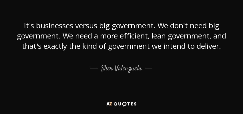 It's businesses versus big government. We don't need big government. We need a more efficient, lean government, and that's exactly the kind of government we intend to deliver. - Sher Valenzuela