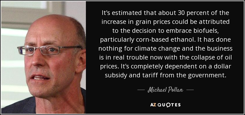 It's estimated that about 30 percent of the increase in grain prices could be attributed to the decision to embrace biofuels, particularly corn-based ethanol. It has done nothing for climate change and the business is in real trouble now with the collapse of oil prices. It's completely dependent on a dollar subsidy and tariff from the government. - Michael Pollan