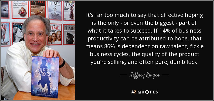 It's far too much to say that effective hoping is the only - or even the biggest - part of what it takes to succeed. If 14% of business productivity can be attributed to hope, that means 86% is dependent on raw talent, fickle business cycles, the quality of the product you're selling, and often pure, dumb luck. - Jeffrey Kluger