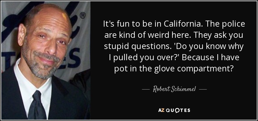 It's fun to be in California. The police are kind of weird here. They ask you stupid questions. 'Do you know why I pulled you over?' Because I have pot in the glove compartment? - Robert Schimmel
