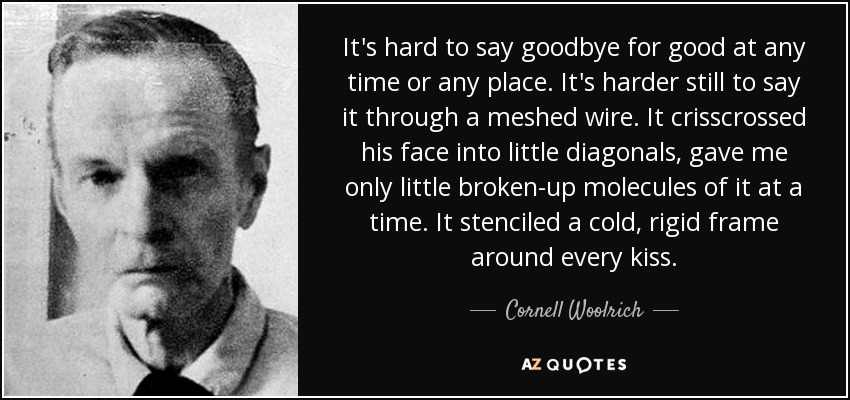 It's hard to say goodbye for good at any time or any place. It's harder still to say it through a meshed wire. It crisscrossed his face into little diagonals, gave me only little broken-up molecules of it at a time. It stenciled a cold, rigid frame around every kiss. - Cornell Woolrich