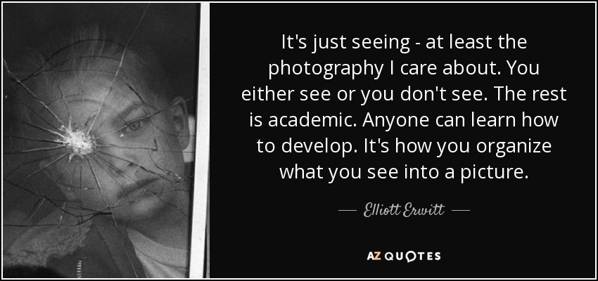 It's just seeing - at least the photography I care about. You either see or you don't see. The rest is academic. Anyone can learn how to develop. It's how you organize what you see into a picture. - Elliott Erwitt