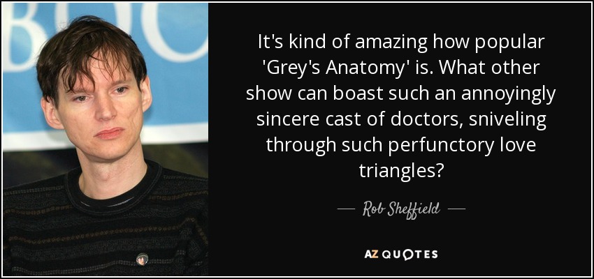 It's kind of amazing how popular 'Grey's Anatomy' is. What other show can boast such an annoyingly sincere cast of doctors, sniveling through such perfunctory love triangles? - Rob Sheffield