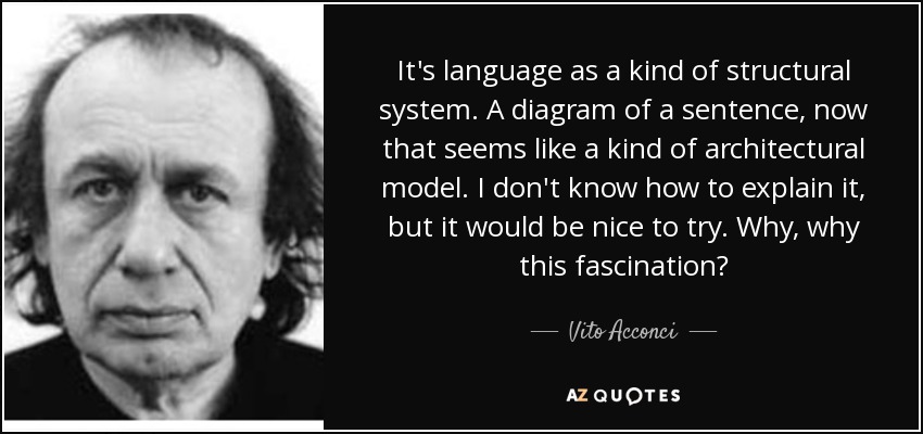 It's language as a kind of structural system. A diagram of a sentence, now that seems like a kind of architectural model. I don't know how to explain it, but it would be nice to try. Why, why this fascination? - Vito Acconci