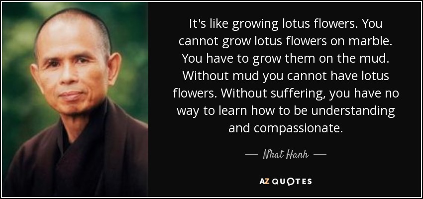 It's like growing lotus flowers. You cannot grow lotus flowers on marble. You have to grow them on the mud. Without mud you cannot have lotus flowers. Without suffering, you have no way to learn how to be understanding and compassionate. - Nhat Hanh