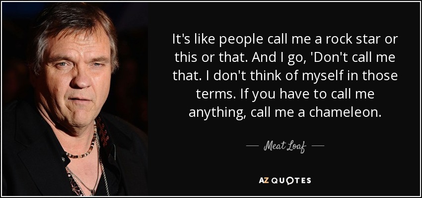It's like people call me a rock star or this or that. And I go, 'Don't call me that. I don't think of myself in those terms. If you have to call me anything, call me a chameleon. - Meat Loaf