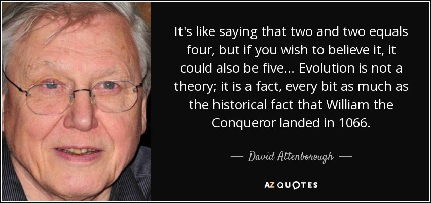 It's like saying that two and two equals four, but if you wish to believe it, it could also be five ... Evolution is not a theory; it is a fact, every bit as much as the historical fact that William the Conqueror landed in 1066. - David Attenborough