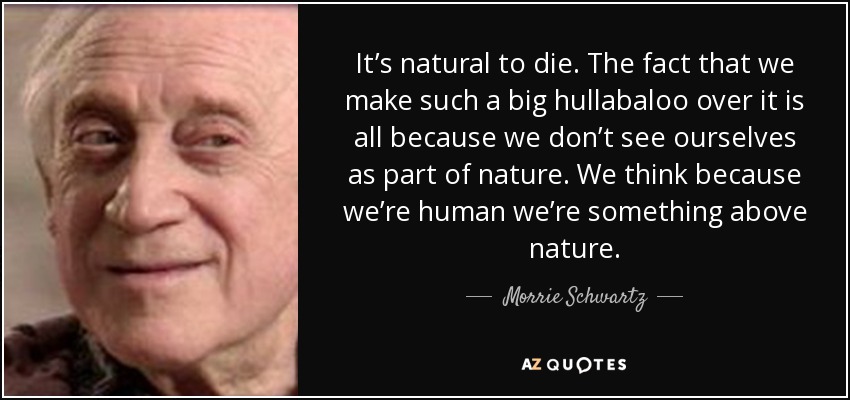 It’s natural to die. The fact that we make such a big hullabaloo over it is all because we don’t see ourselves as part of nature. We think because we’re human we’re something above nature. - Morrie Schwartz