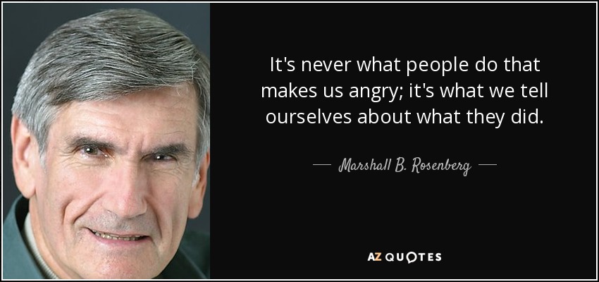 It's never what people do that makes us angry; it's what we tell ourselves about what they did. - Marshall B. Rosenberg