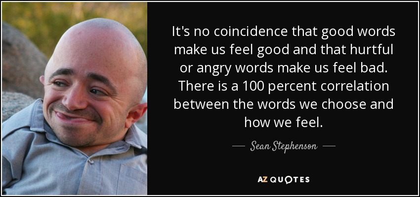 It's no coincidence that good words make us feel good and that hurtful or angry words make us feel bad. There is a 100 percent correlation between the words we choose and how we feel. - Sean Stephenson