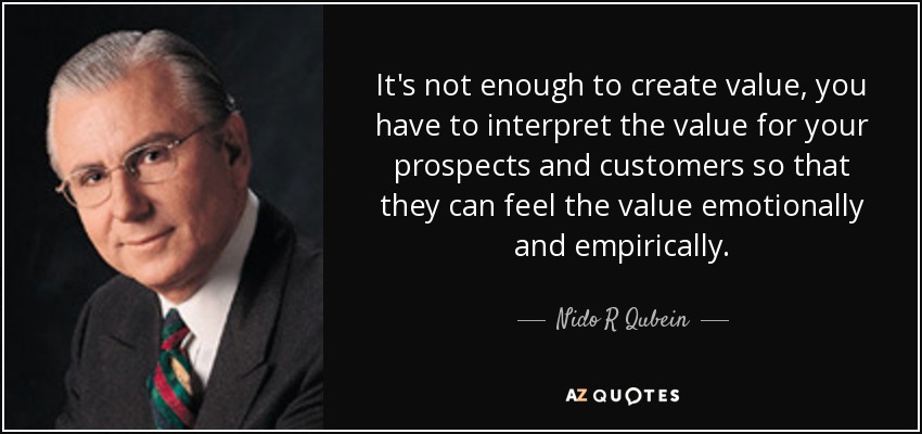 It's not enough to create value, you have to interpret the value for your prospects and customers so that they can feel the value emotionally and empirically. - Nido R Qubein
