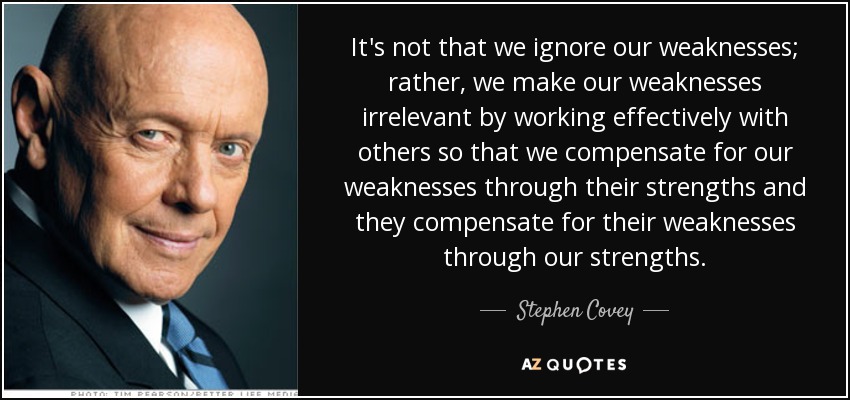 It's not that we ignore our weaknesses; rather, we make our weaknesses irrelevant by working effectively with others so that we compensate for our weaknesses through their strengths and they compensate for their weaknesses through our strengths. - Stephen Covey