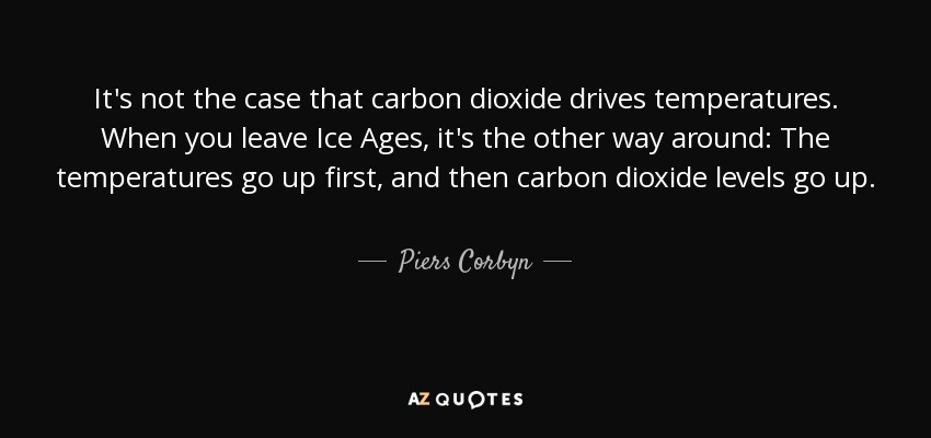 It's not the case that carbon dioxide drives temperatures. When you leave Ice Ages, it's the other way around: The temperatures go up first, and then carbon dioxide levels go up. - Piers Corbyn