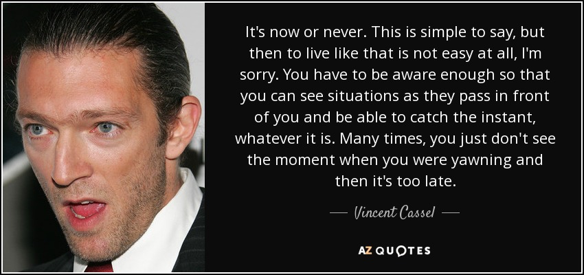 It's now or never. This is simple to say, but then to live like that is not easy at all, I'm sorry. You have to be aware enough so that you can see situations as they pass in front of you and be able to catch the instant, whatever it is. Many times, you just don't see the moment when you were yawning and then it's too late. - Vincent Cassel