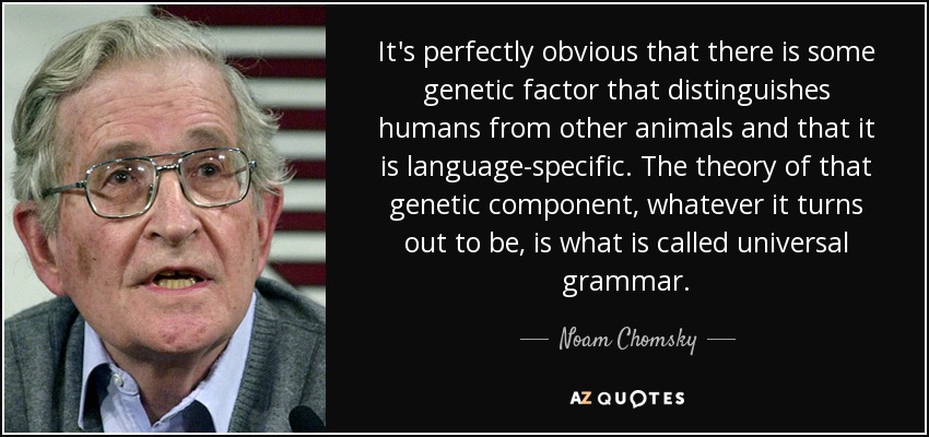 It's perfectly obvious that there is some genetic factor that distinguishes humans from other animals and that it is language-specific. The theory of that genetic component, whatever it turns out to be, is what is called universal grammar. - Noam Chomsky