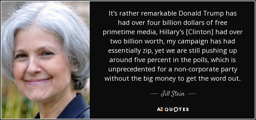 It's rather remarkable Donald Trump has had over four billion dollars of free primetime media, Hillary's [Clinton] had over two billion worth, my campaign has had essentially zip, yet we are still pushing up around five percent in the polls, which is unprecedented for a non-corporate party without the big money to get the word out. - Jill Stein