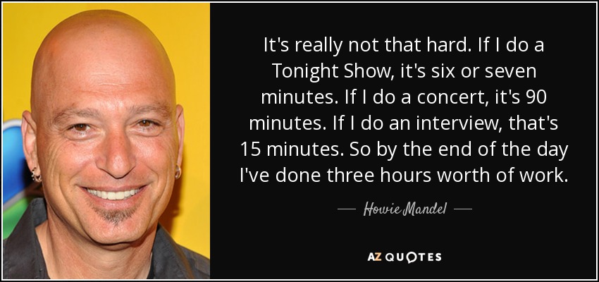 It's really not that hard. If I do a Tonight Show, it's six or seven minutes. If I do a concert, it's 90 minutes. If I do an interview, that's 15 minutes. So by the end of the day I've done three hours worth of work. - Howie Mandel