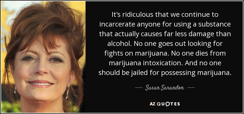 It's ridiculous that we continue to incarcerate anyone for using a substance that actually causes far less damage than alcohol. No one goes out looking for fights on marijuana. No one dies from marijuana intoxication. And no one should be jailed for possessing marijuana. - Susan Sarandon
