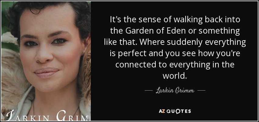 It's the sense of walking back into the Garden of Eden or something like that. Where suddenly everything is perfect and you see how you're connected to everything in the world. - Larkin Grimm