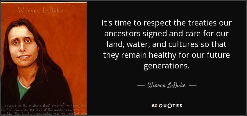 It's time to respect the treaties our ancestors signed and care for our land, water, and cultures so that they remain healthy for our future generations. - Winona LaDuke