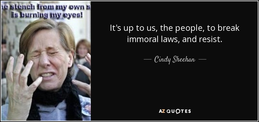 It's up to us, the people, to break immoral laws, and resist. - Cindy Sheehan