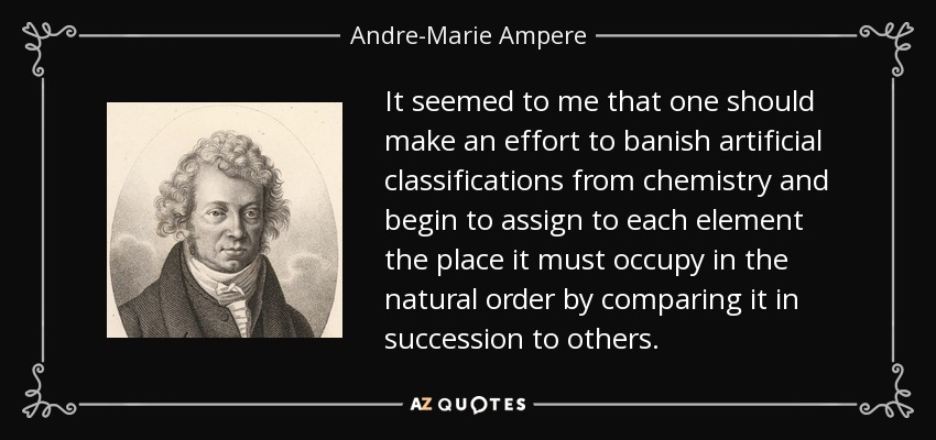 It seemed to me that one should make an effort to banish artificial classifications from chemistry and begin to assign to each element the place it must occupy in the natural order by comparing it in succession to others. - Andre-Marie Ampere