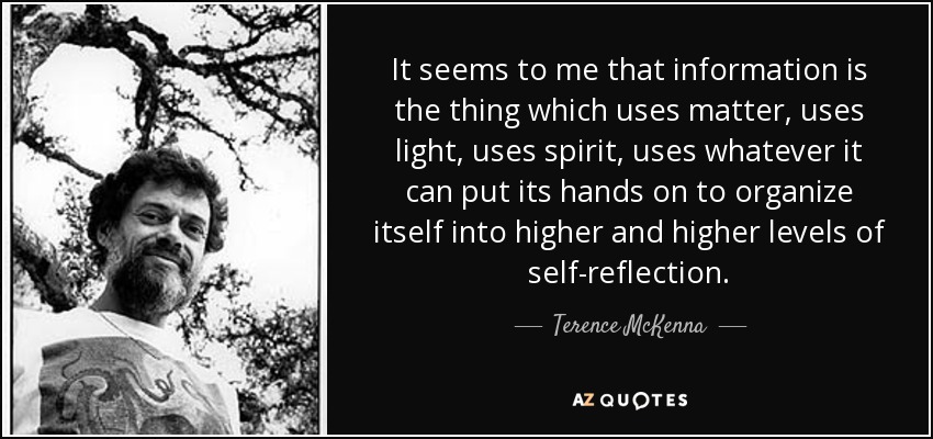 It seems to me that information is the thing which uses matter, uses light, uses spirit, uses whatever it can put its hands on to organize itself into higher and higher levels of self-reflection. - Terence McKenna